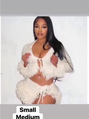 Fringed Two-Piece Crop Top and Mini Skirt Set in Cream
